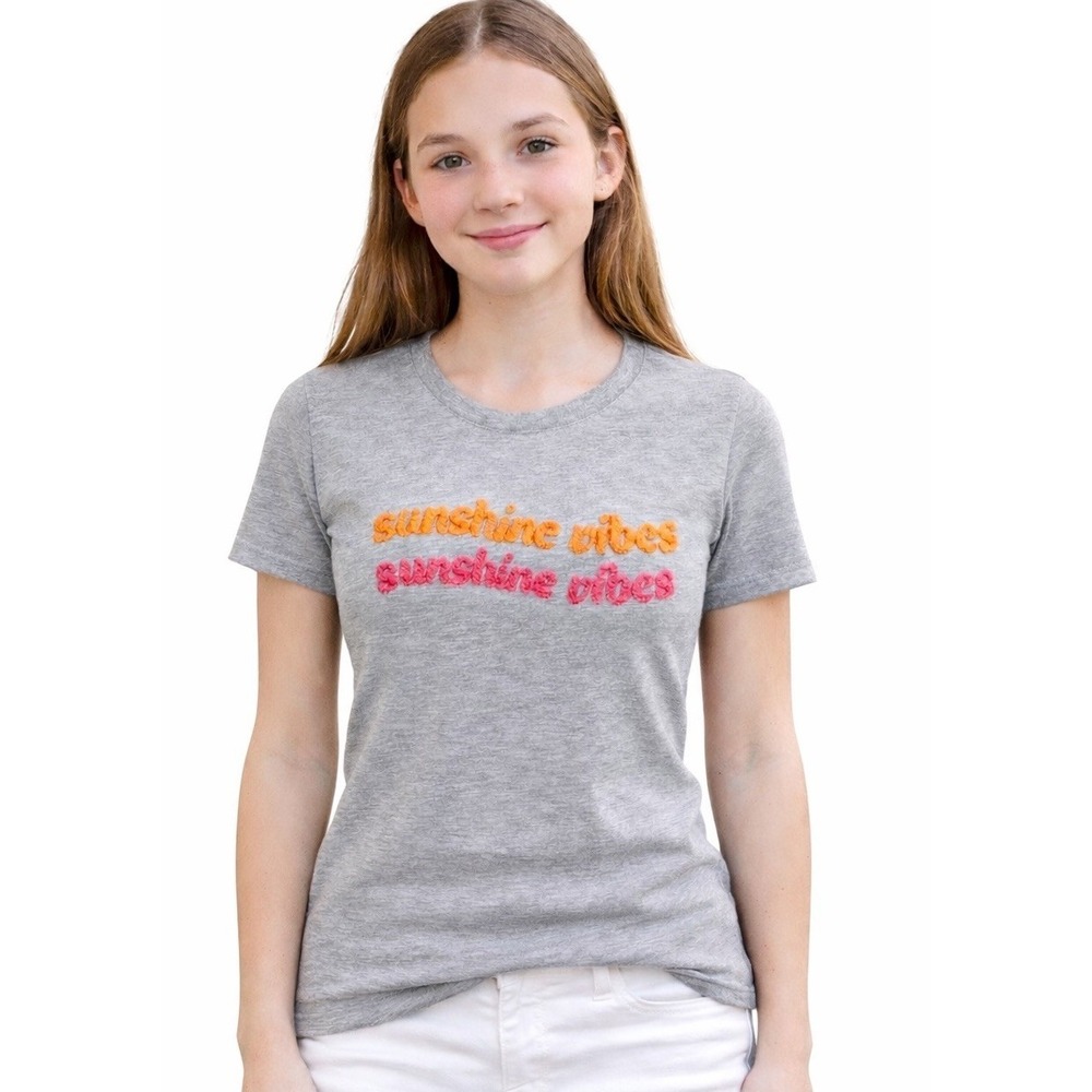 Self Esteem Girls XL 16 Sunshine Vibes Tee Gray Graphic Shirt Embroidery NEW